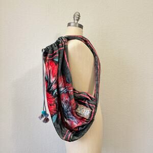 JOHNNY WAS Heron Blanket Sling Bag Charcoal Floral Fleece Drawstring Shoulder